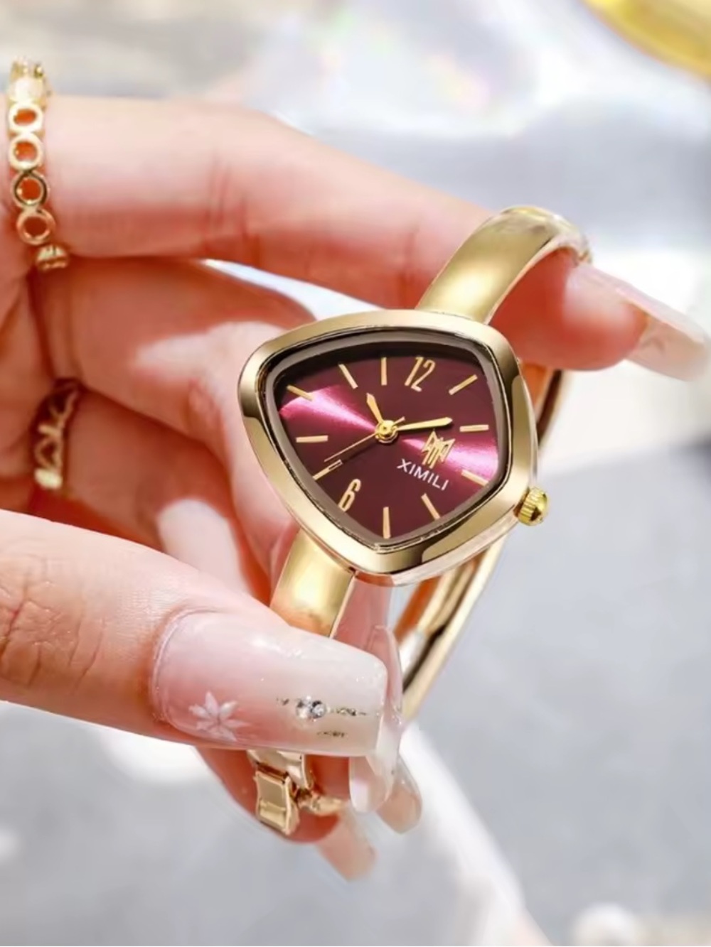 XIMILI Women's Gold Bracelet Watch with Burgundy Dial